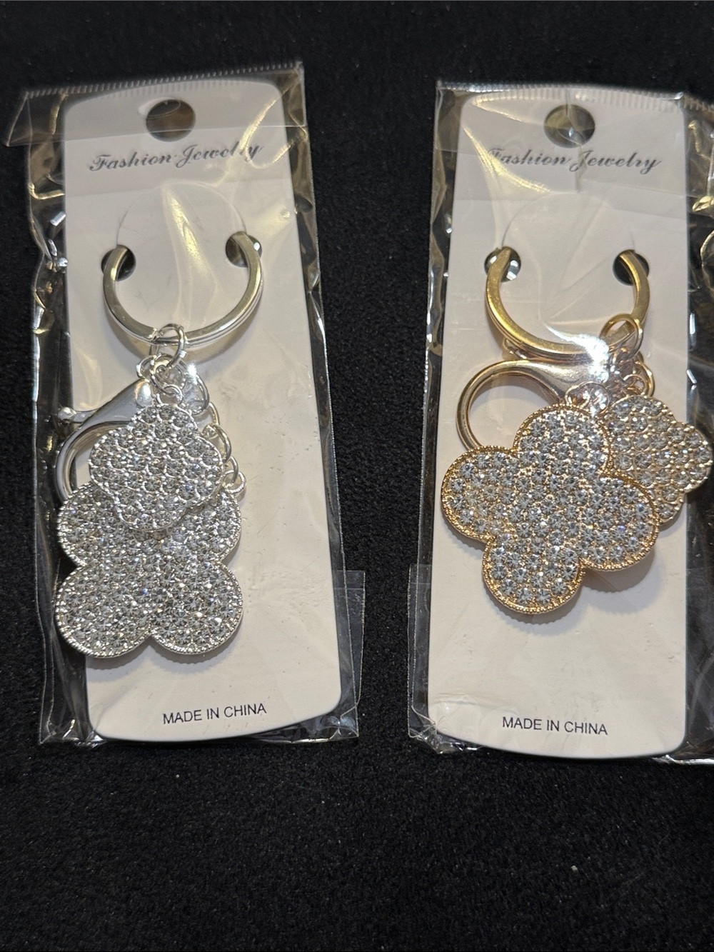 Rhinestone Clover Keyring or Bag Charm - Silver & Gold - Set of 2